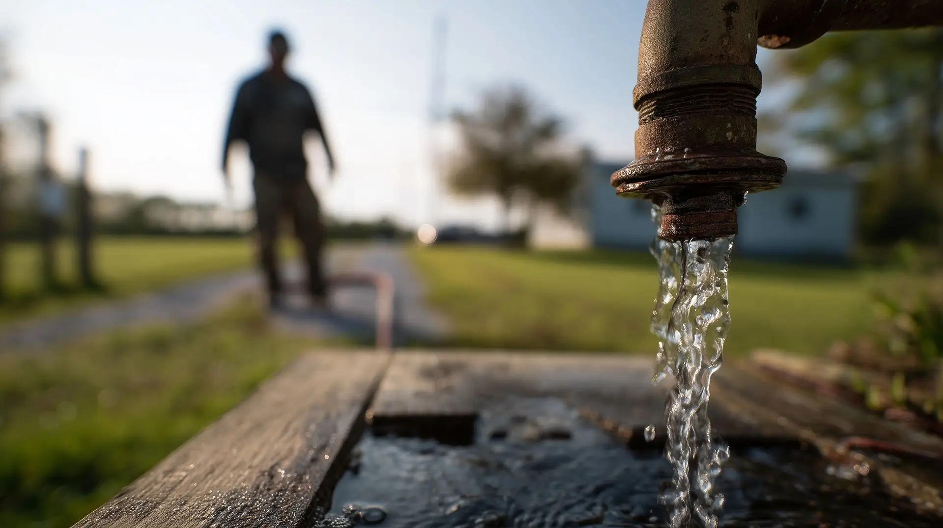 Water gushing from a rusty outdoor well spigot as a technician walks up for well cleaning services.