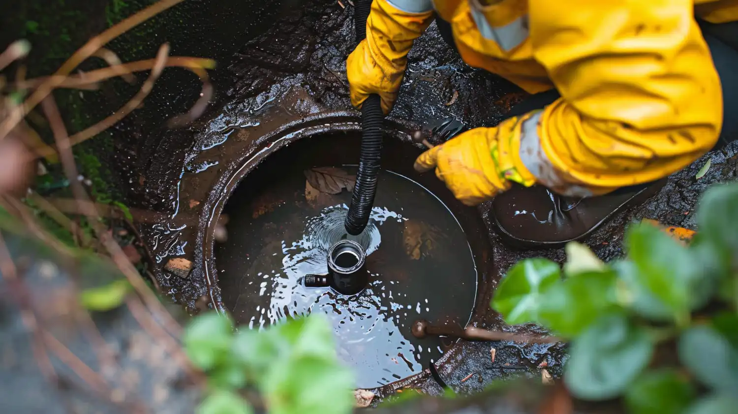A worker in yellow rain gear lowering a suction hose into a well during a cleaning