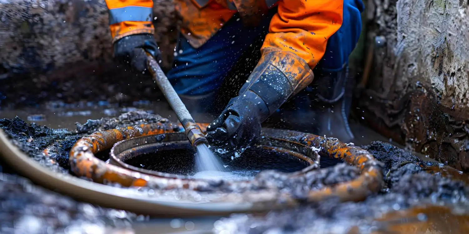 A worker in hi-vis gear washing sediment from a well access opening with a pressure hose