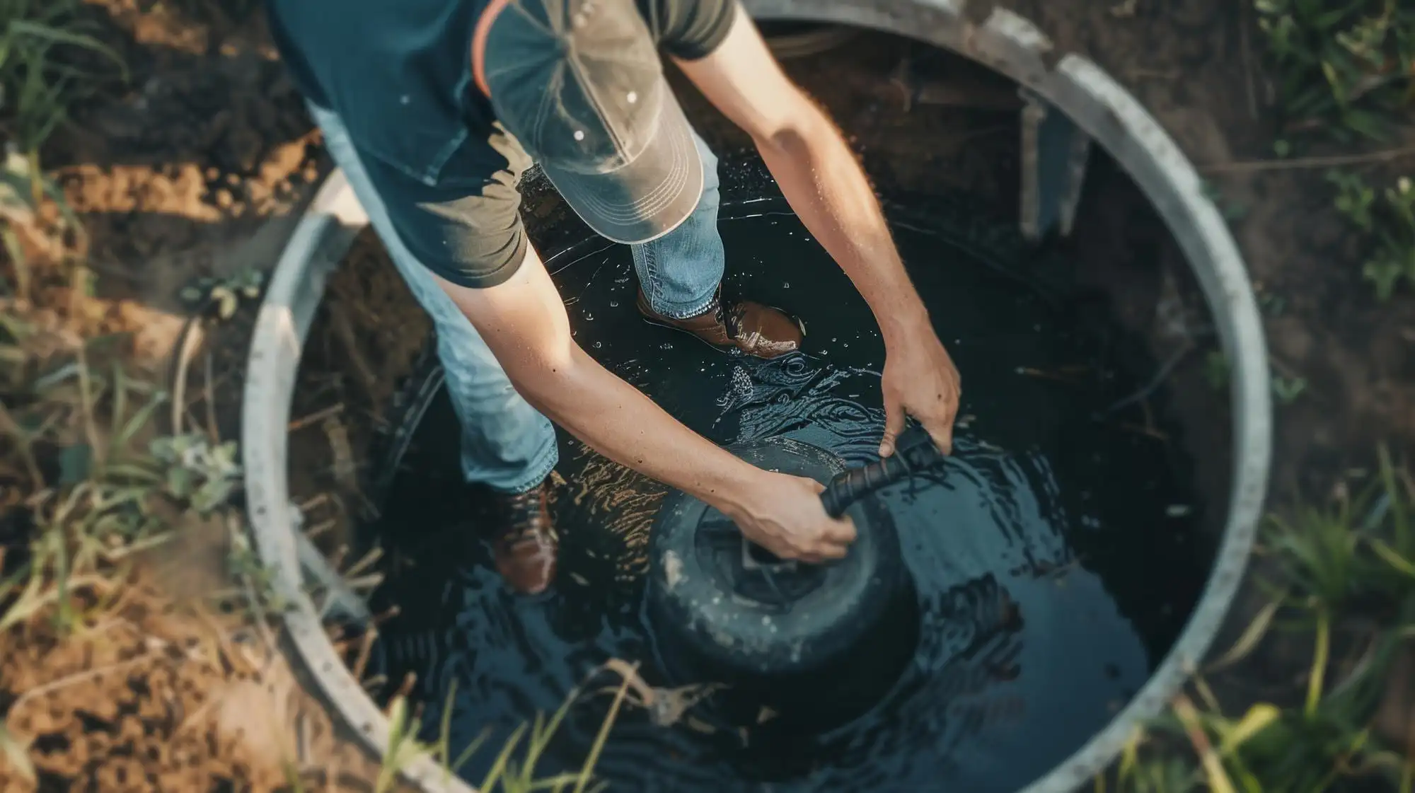 A technician leaning into a concrete well ring to lift pump piping out of the water