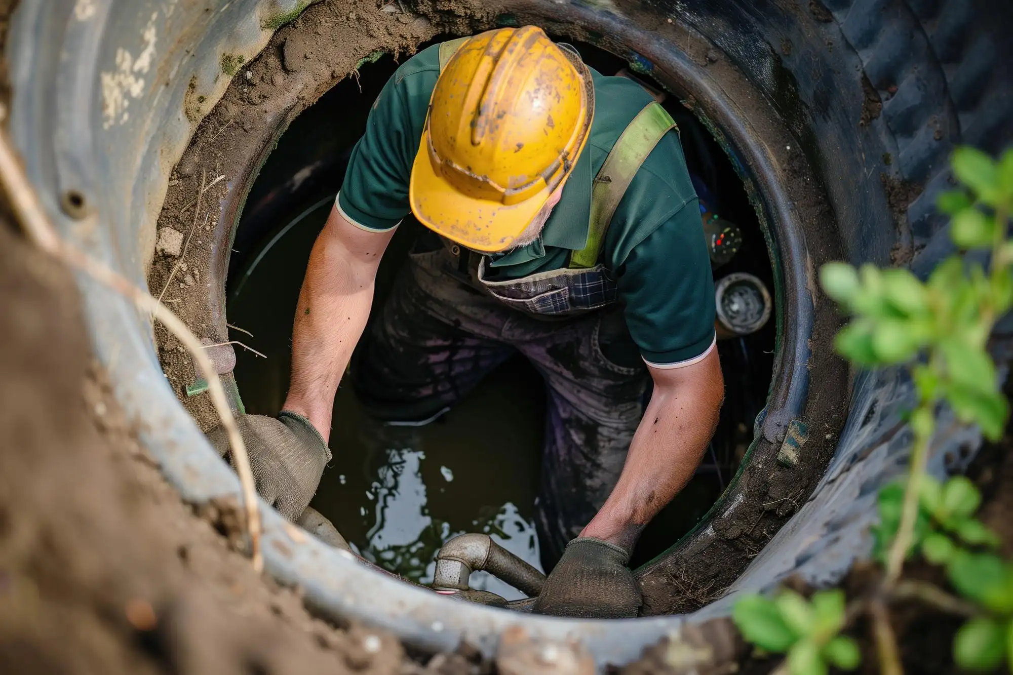 A technician in a hard hat reaching into a water-filled well pit to repair the piping