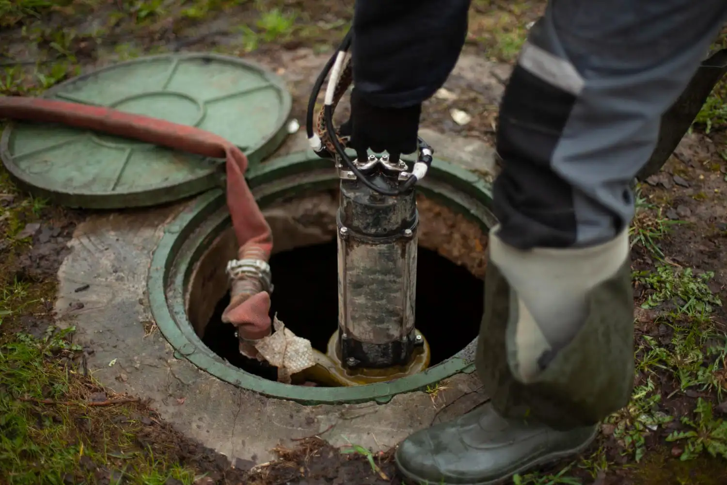 A technician in waders lifting a stainless submersible pump out of an open well