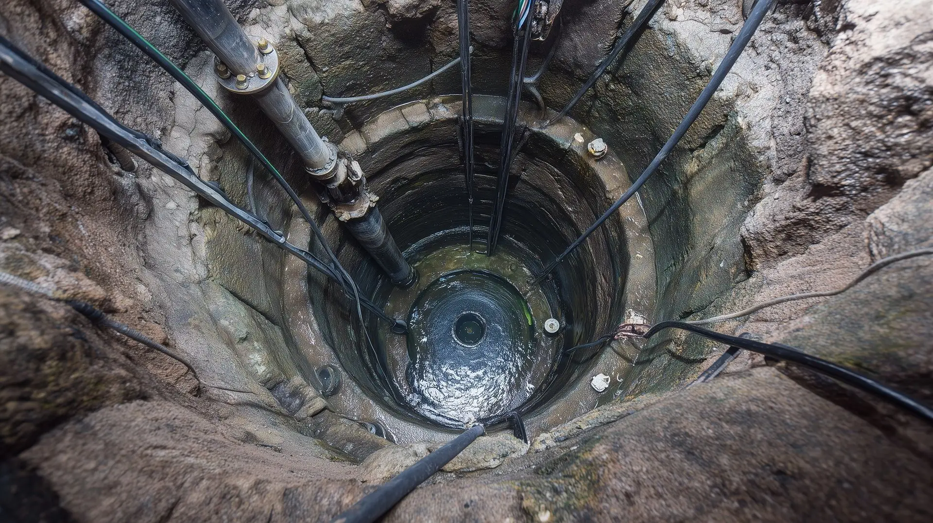 Overhead view into a deep stone well shaft with old pipes and cables during well cleaning services.